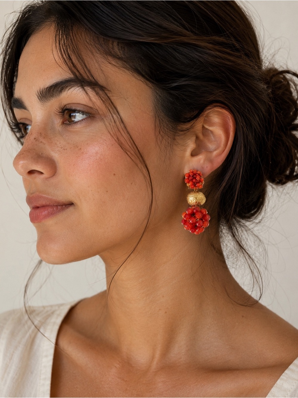 Zara Red Cluster Bead Drop Earrings with Gold-Tone Accents